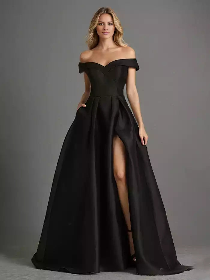 Long Prom Dresses Elegant A Line Off The Shoulder Long Satin Prom Dress With Slit