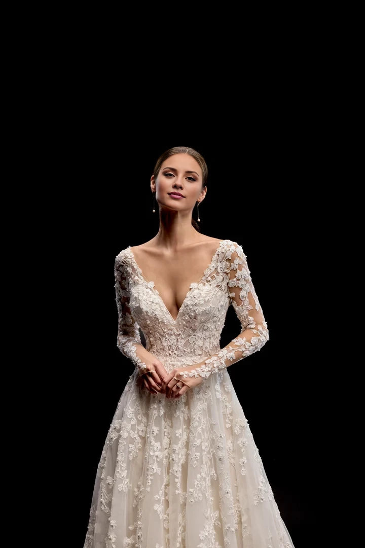 Long Sleeve A-Line Gown with Sheer Bodice and Deep V-Neckline Wedding Dresses