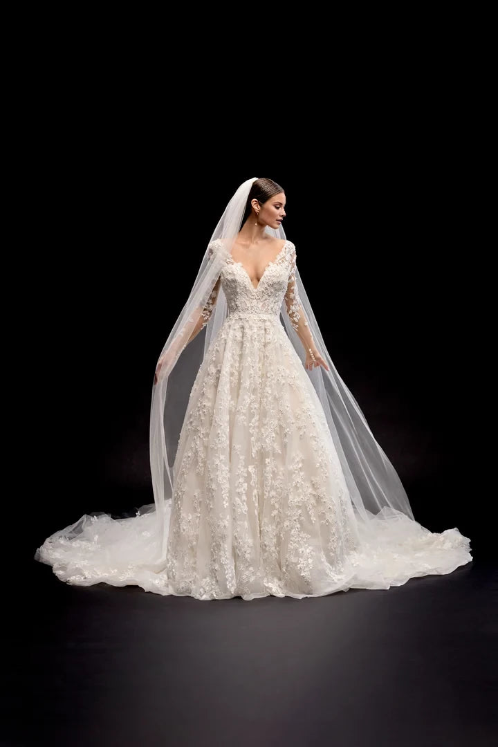 Long Sleeve A-Line Gown with Sheer Bodice and Deep V-Neckline Wedding Dresses