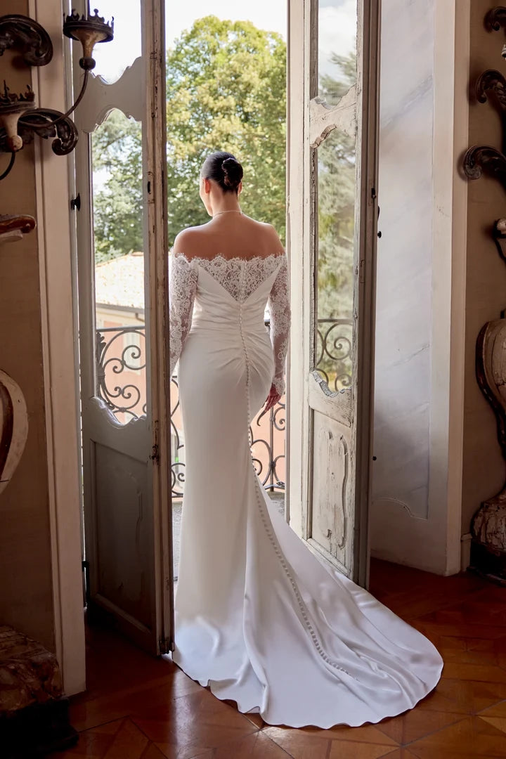 Long Sleeve Charmeuse Plus Size Fit and Flare with Off-The-Shoulder Neckline Wedding Dresses