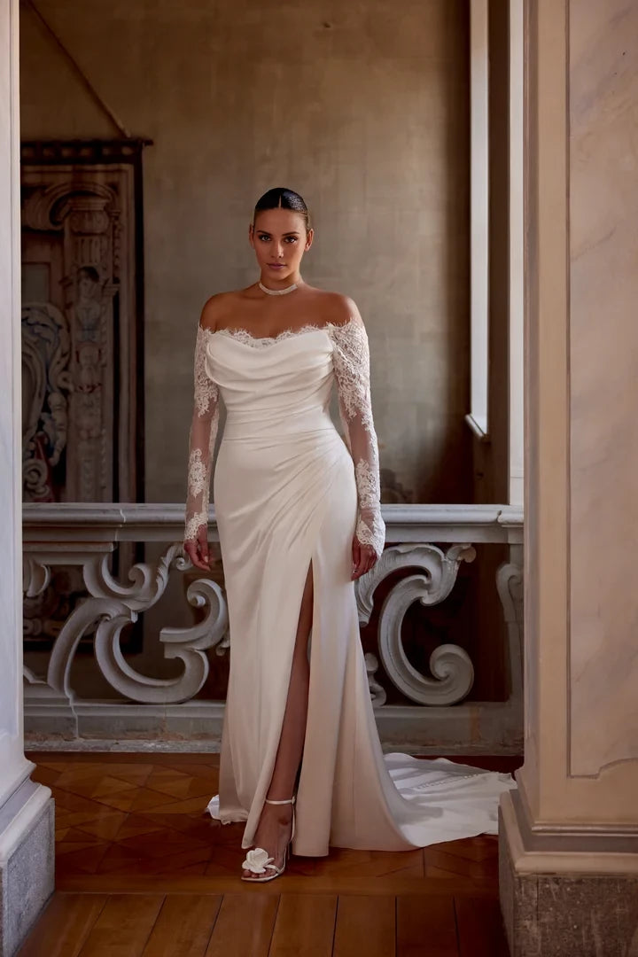 Long Sleeve Charmeuse Plus Size Fit and Flare with Off-The-Shoulder Neckline Wedding Dresses