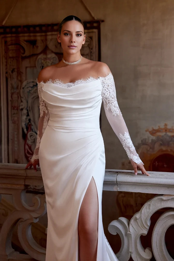 Long Sleeve Charmeuse Plus Size Fit and Flare with Off-The-Shoulder Neckline Wedding Dresses