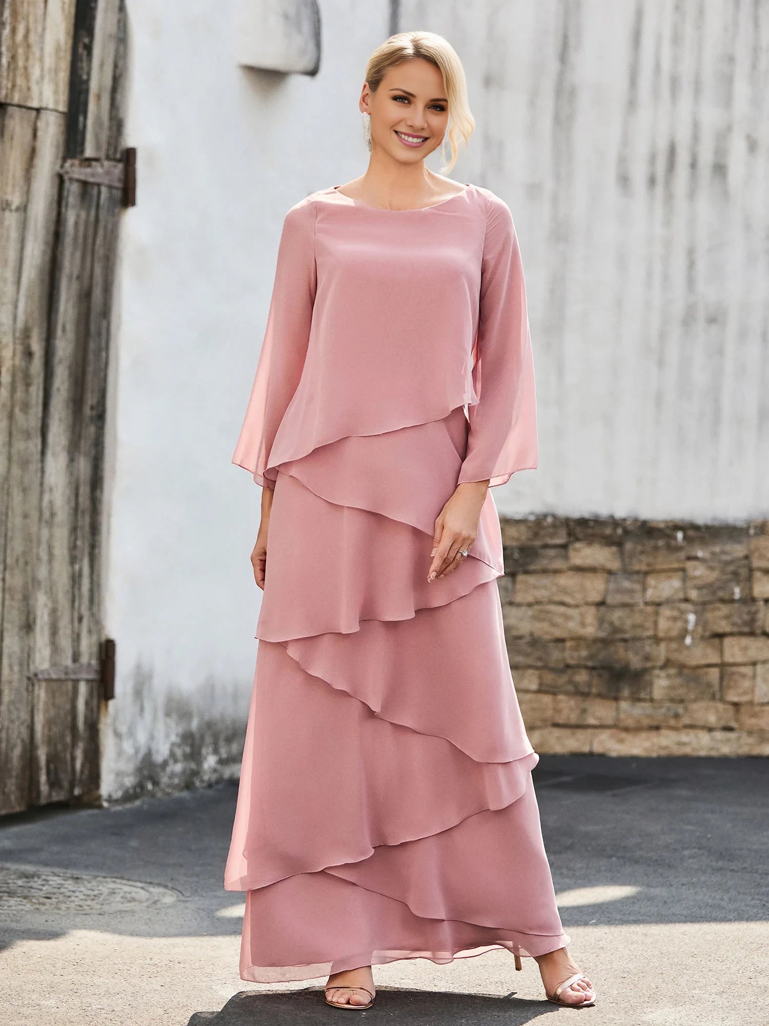 Long Sleeve Chiffon Dress with Cascading Ruffles Mother of the Bride Dresses
