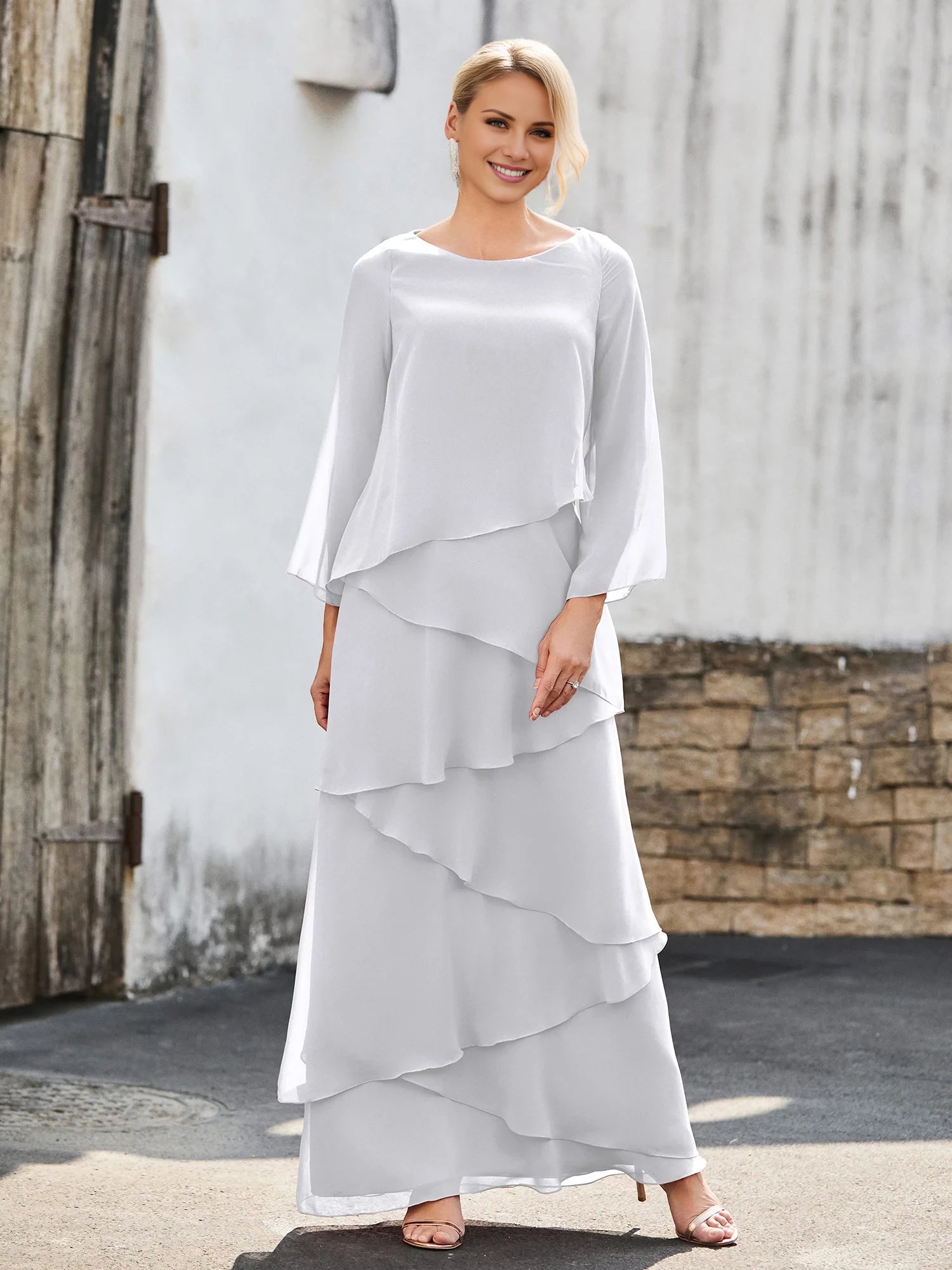Long Sleeve Chiffon Dress with Cascading Ruffles Mother of the Bride Dresses