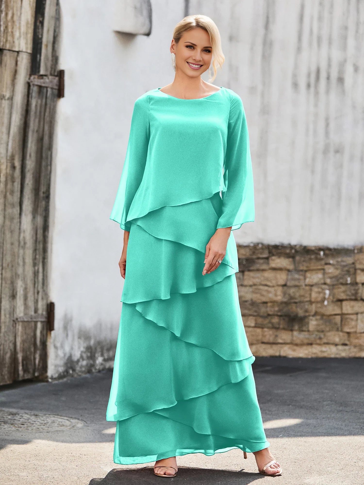 Long Sleeve Chiffon Dress with Cascading Ruffles Mother of the Bride Dresses
