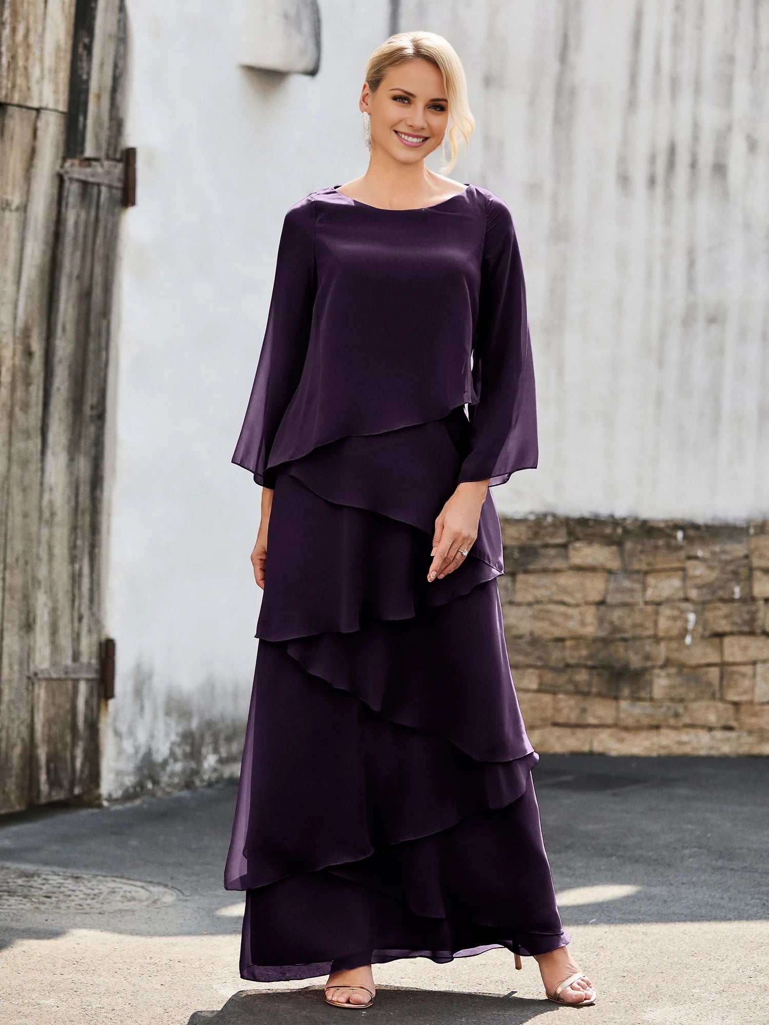 Long Sleeve Chiffon Dress with Cascading Ruffles Mother of the Bride Dresses