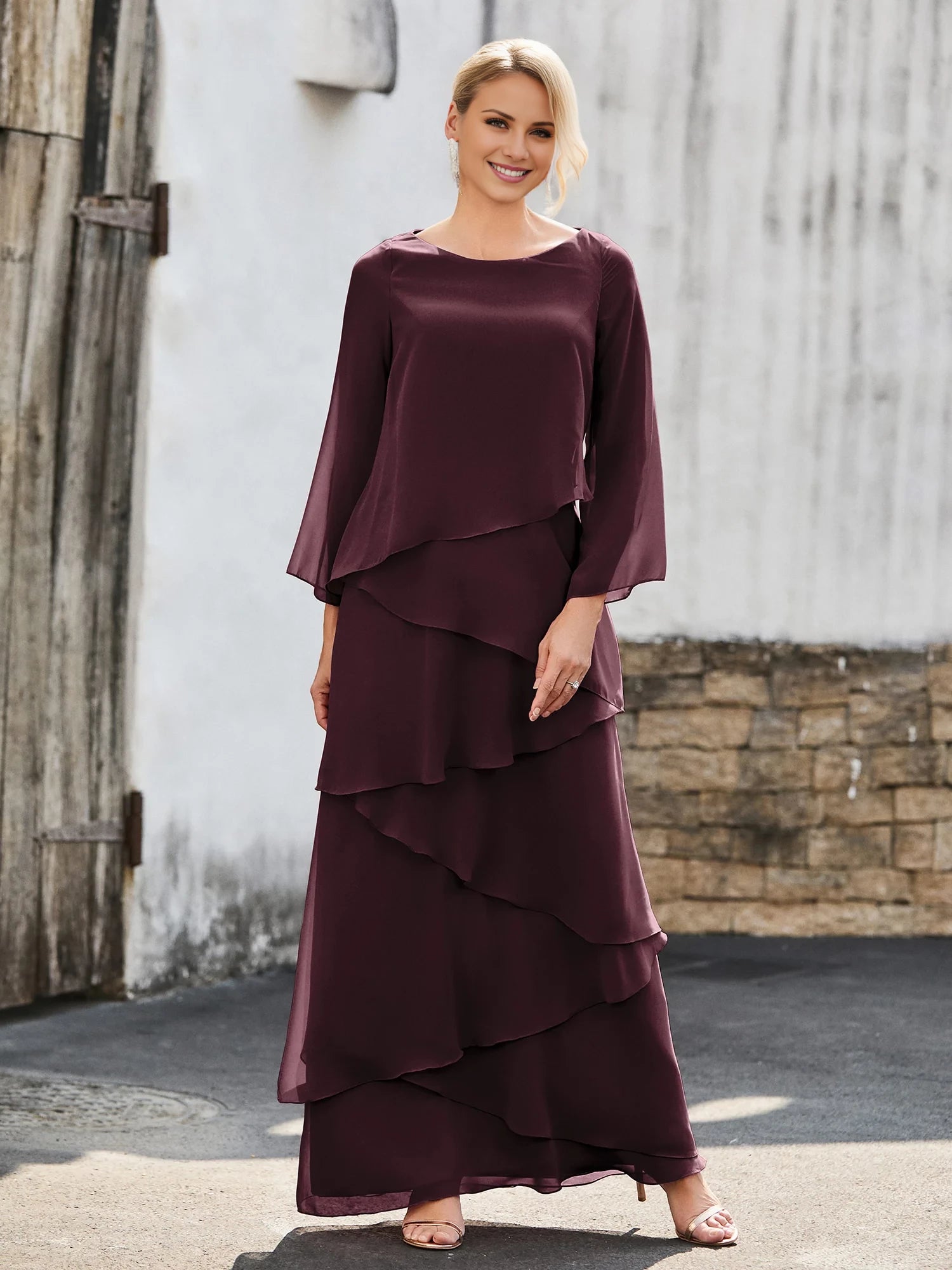Long Sleeve Chiffon Dress with Cascading Ruffles Mother of the Bride Dresses