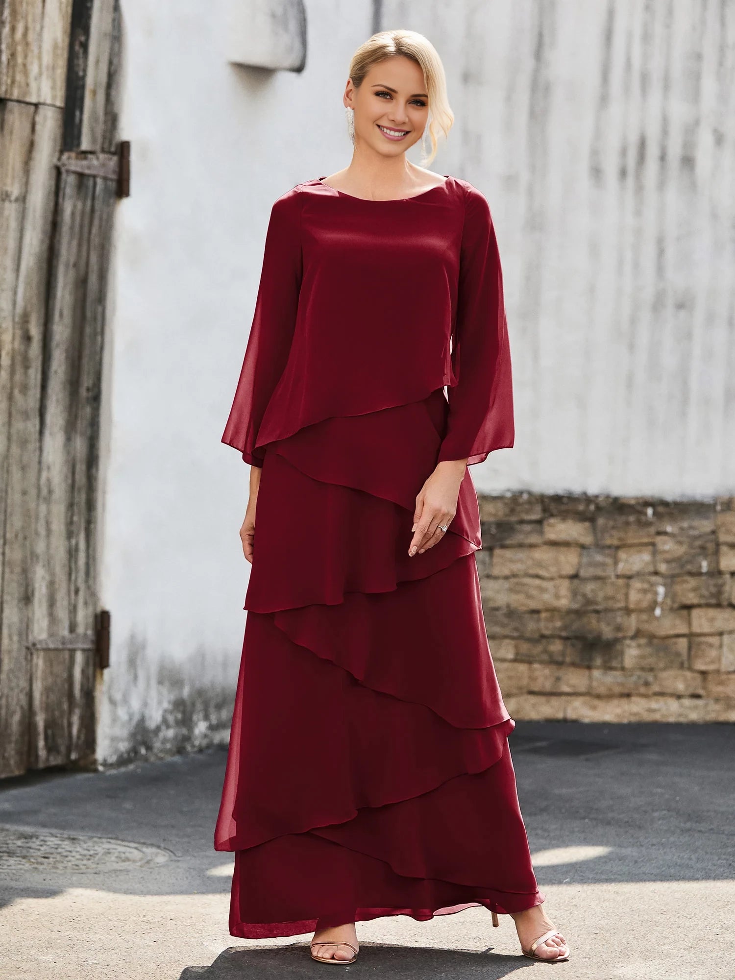 Long Sleeve Chiffon Dress with Cascading Ruffles Mother of the Bride Dresses