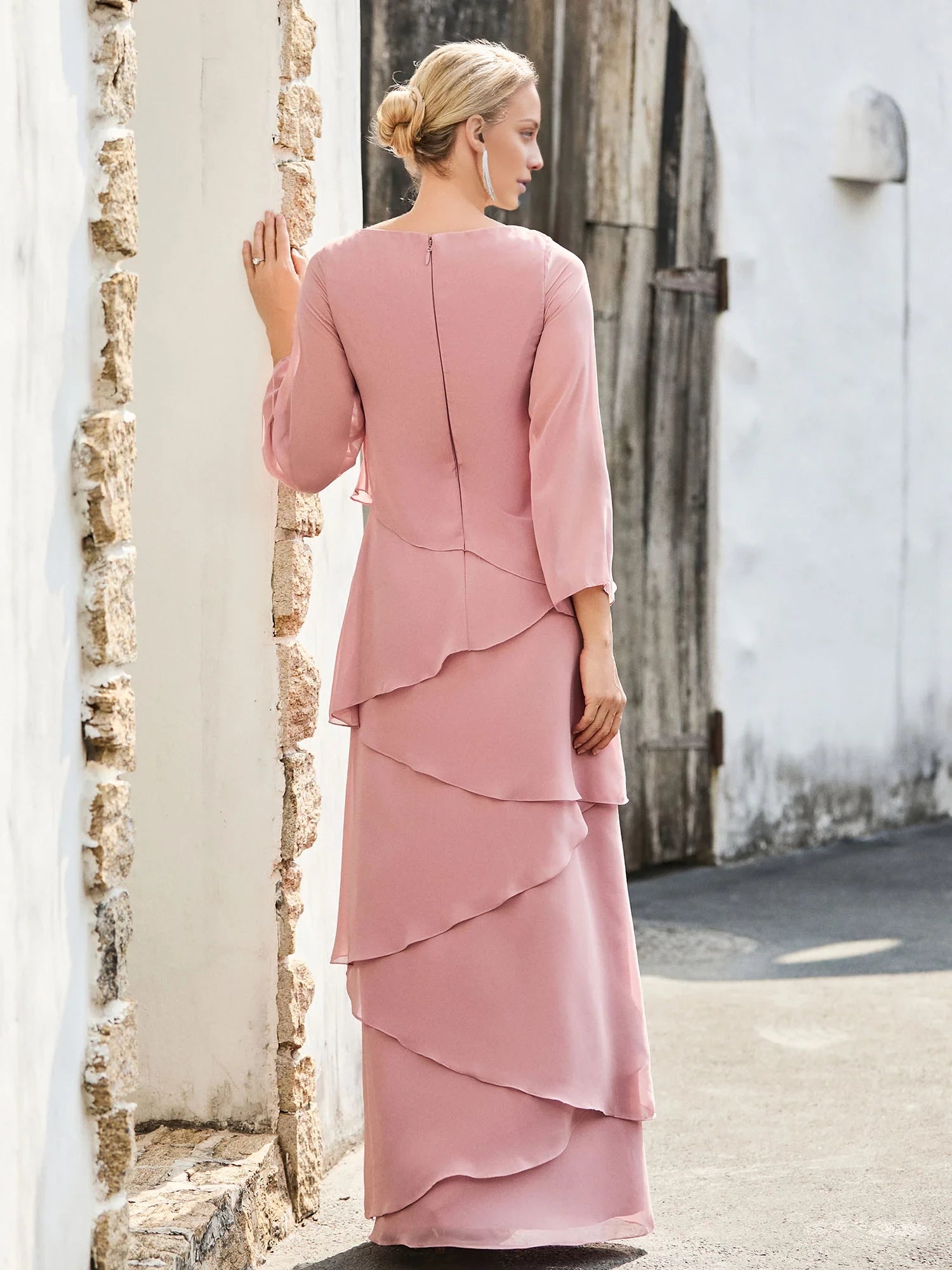 Long Sleeve Chiffon Dress with Cascading Ruffles Mother of the Bride Dresses
