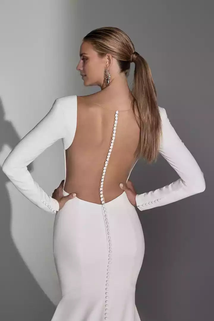 Long Sleeve Fit and Flare Modern Wedding Gown with Illusion Back Wedding Dress