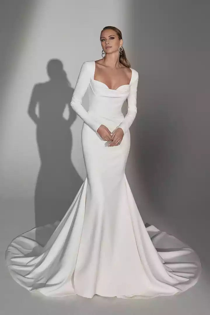 Long Sleeve Fit and Flare Modern Wedding Gown with Illusion Back Wedding Dress