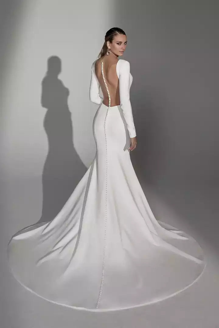Long Sleeve Fit and Flare Modern Wedding Gown with Illusion Back Wedding Dress