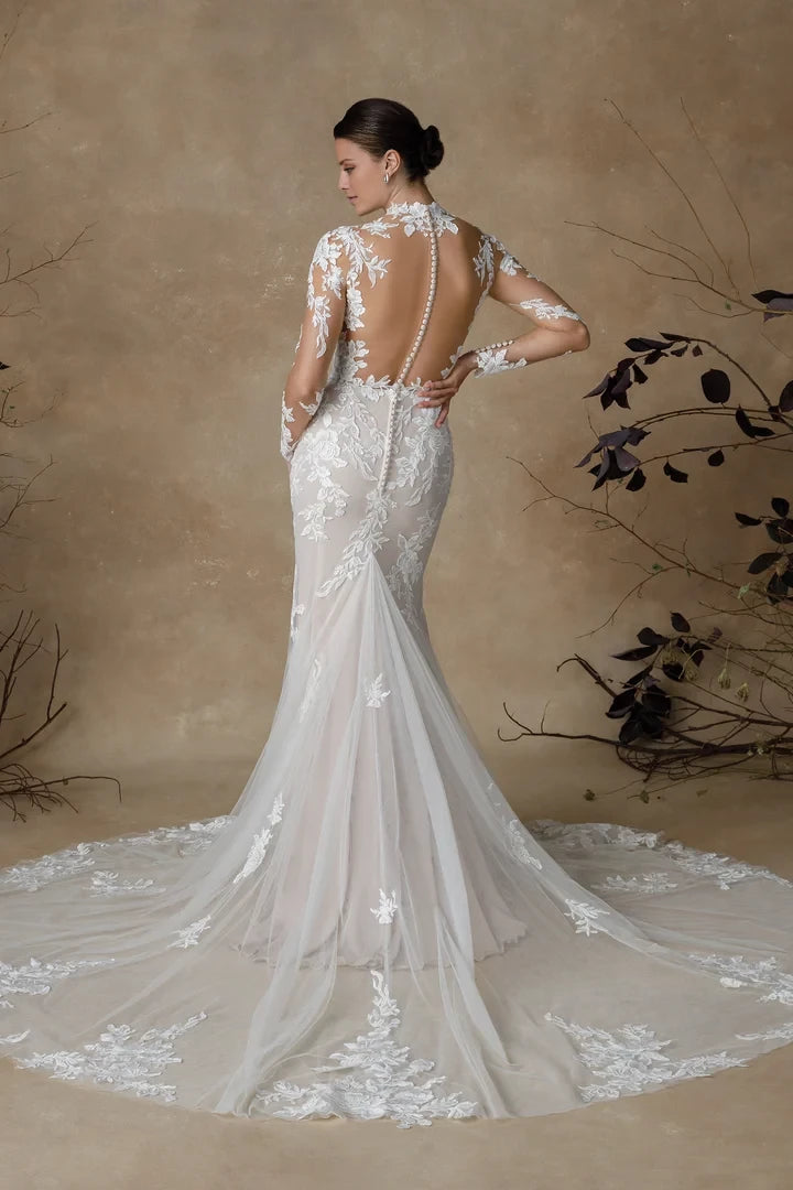 Long Sleeve Fit and Flare Wedding Dress with Illusion Neck Wedding Dresses