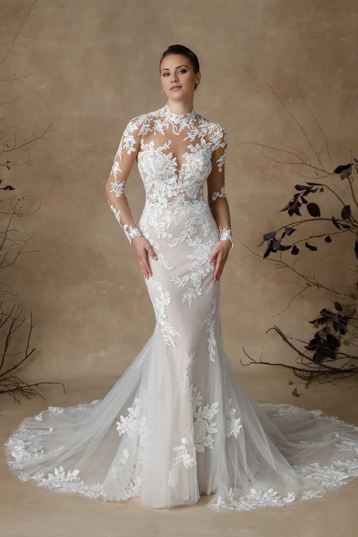 Long Sleeve Fit and Flare Wedding Dress with Illusion Neck Wedding Dresses