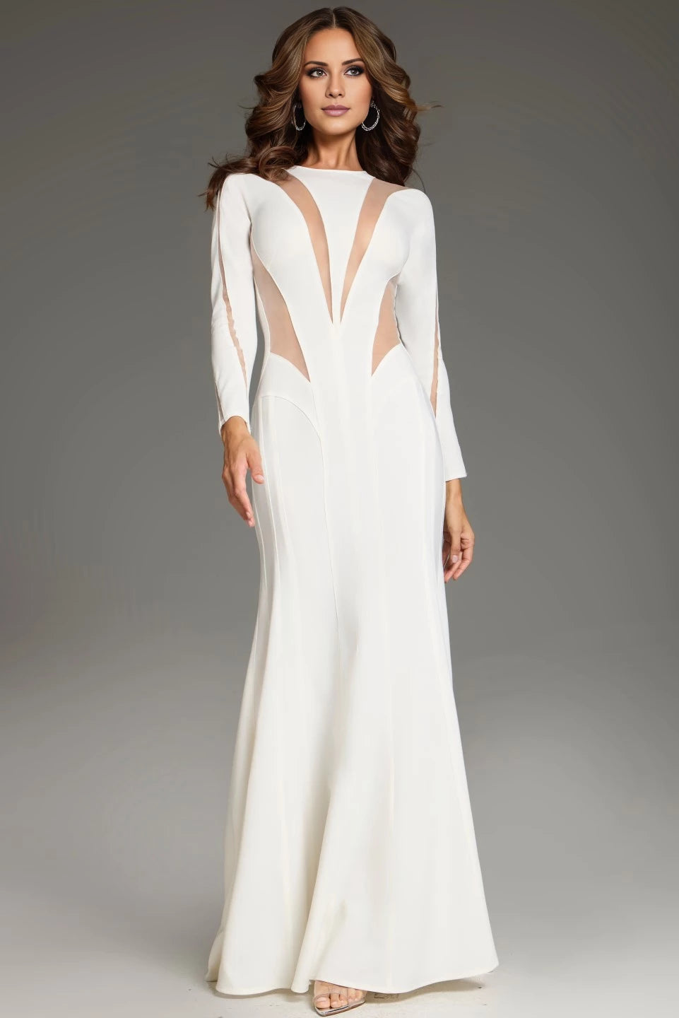 Long Sleeve Gown with Sheer Panel Accents Evening Dresses