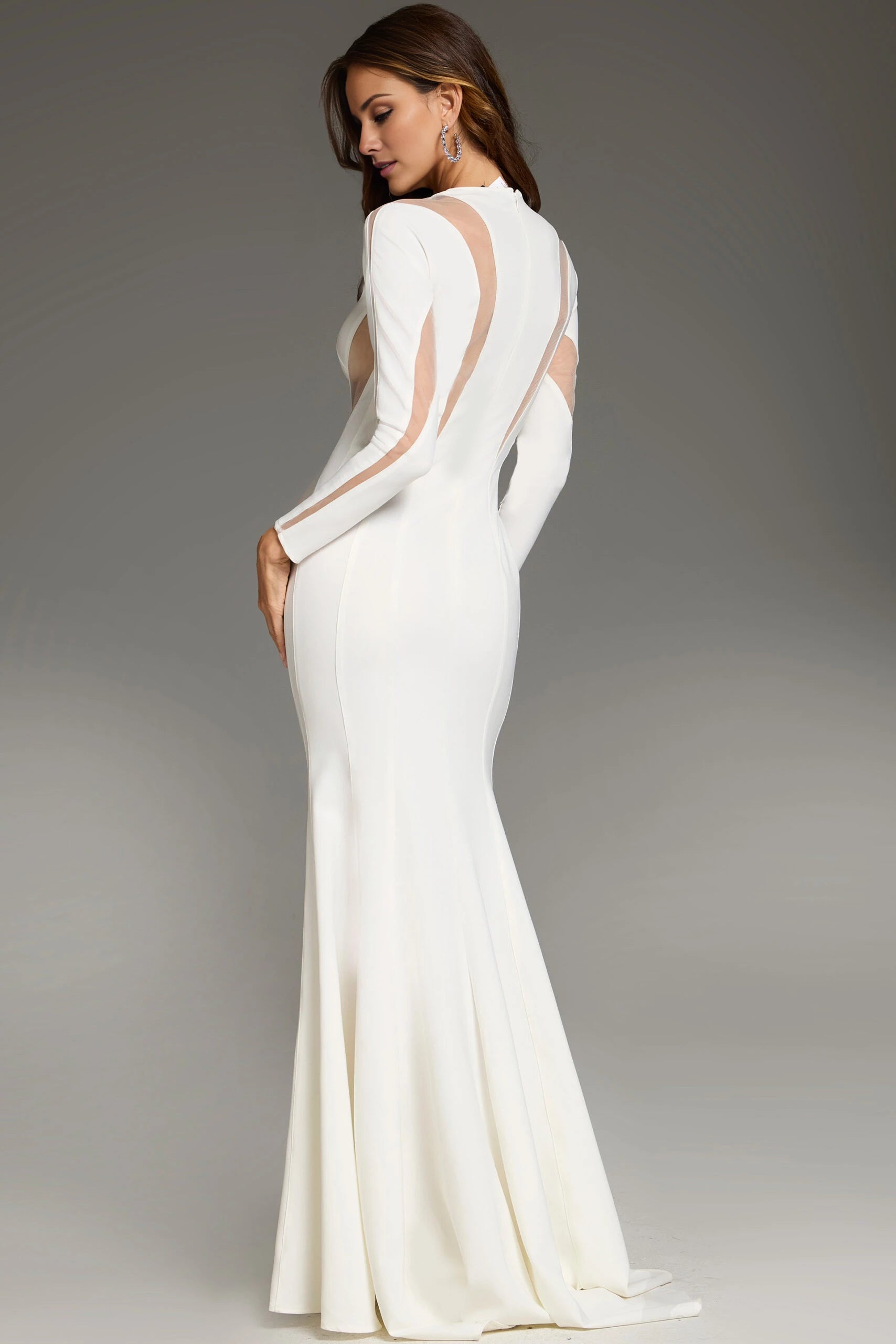Long Sleeve Gown with Sheer Panel Accents Evening Dresses