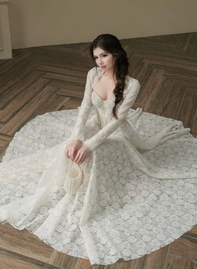 Long Sleeve Sweetheart Neck Bridal Gown with Lace-Up Back & Maxi Length