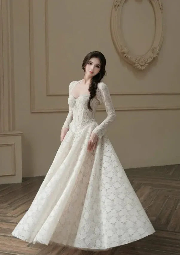 Long Sleeve Sweetheart Neck Bridal Gown with Lace-Up Back & Maxi Length