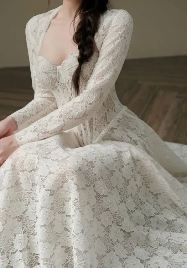 Long Sleeve Sweetheart Neck Bridal Gown with Lace-Up Back & Maxi Length