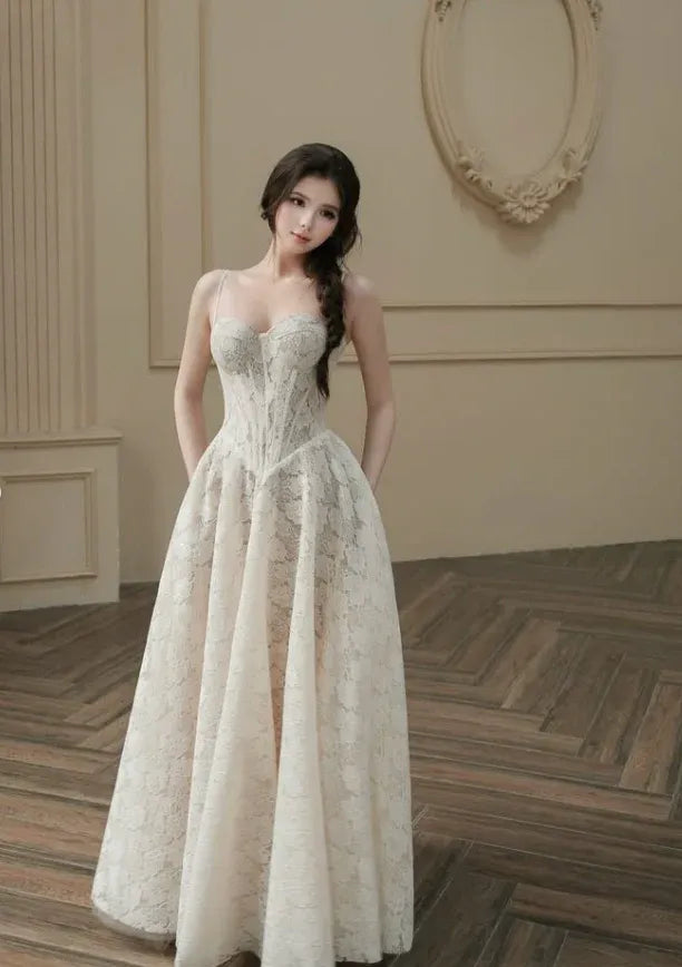 Long Sleeve Sweetheart Neck Bridal Gown with Lace-Up Back & Maxi Length