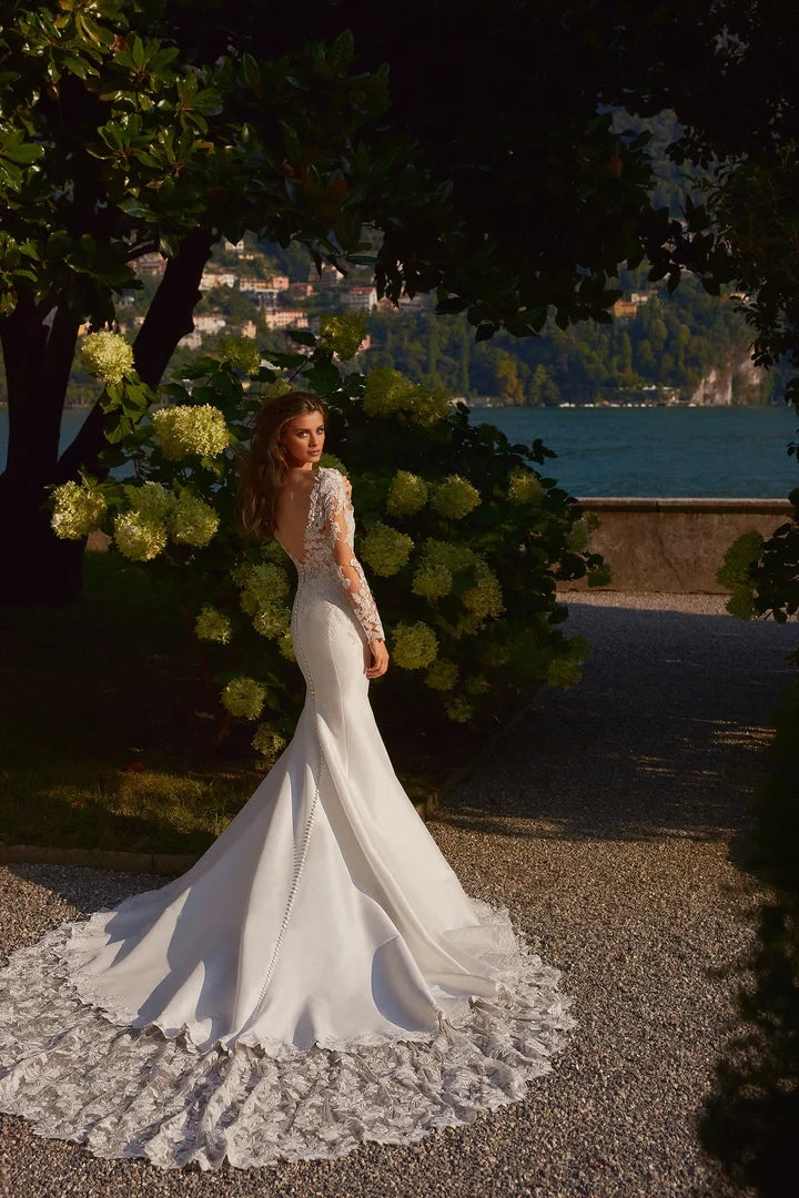 Long Sleeve Trumpet Wedding Dress with Plunging Illusion Neckline Wedding Dresses