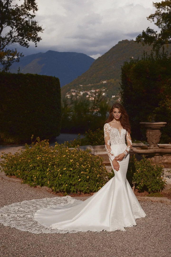 Long Sleeve Trumpet Wedding Dress with Plunging Illusion Neckline Wedding Dresses