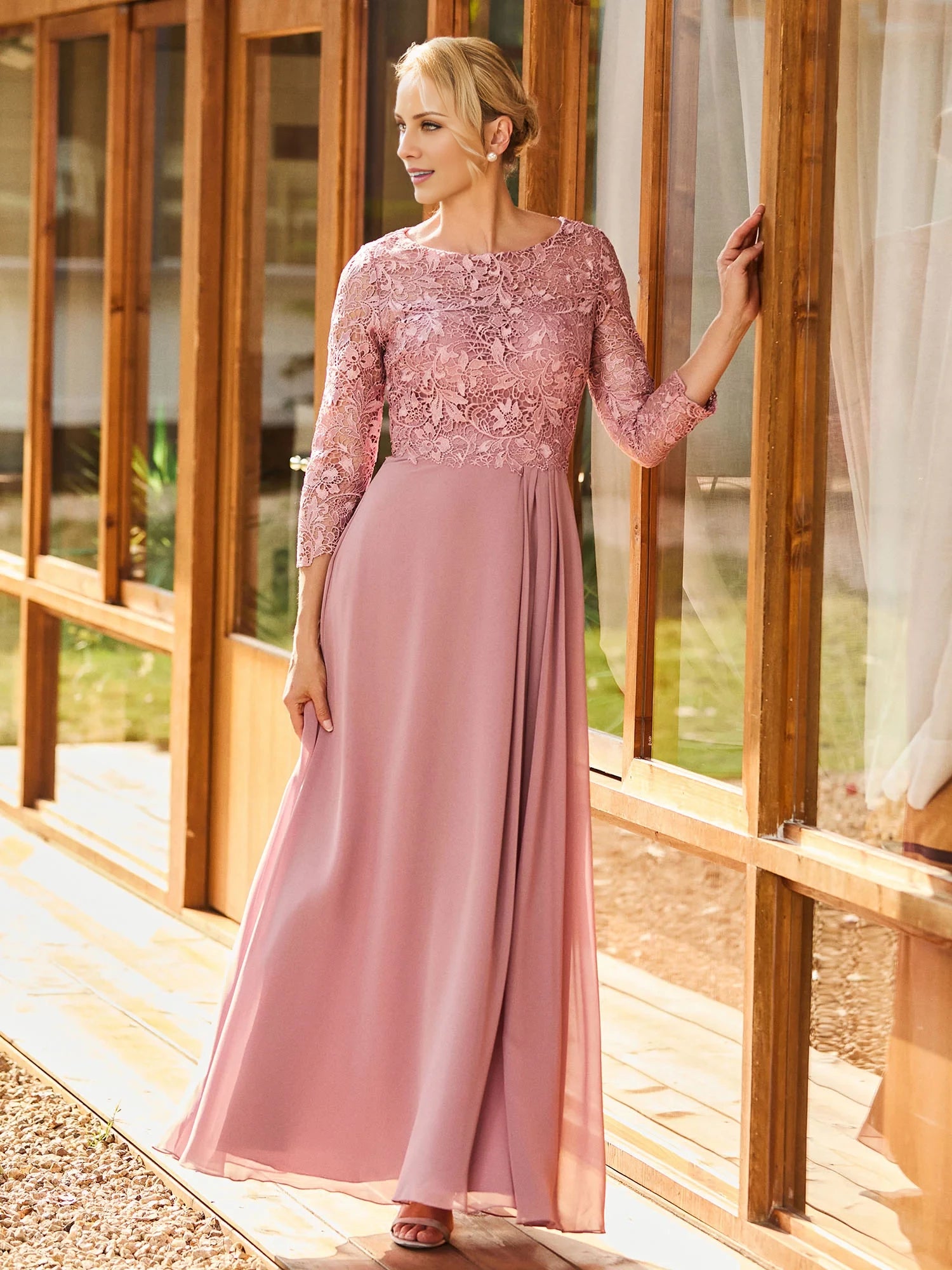 Long Sleeves Lace Top A-line Pleated Dress Mother of the Bride Dresses