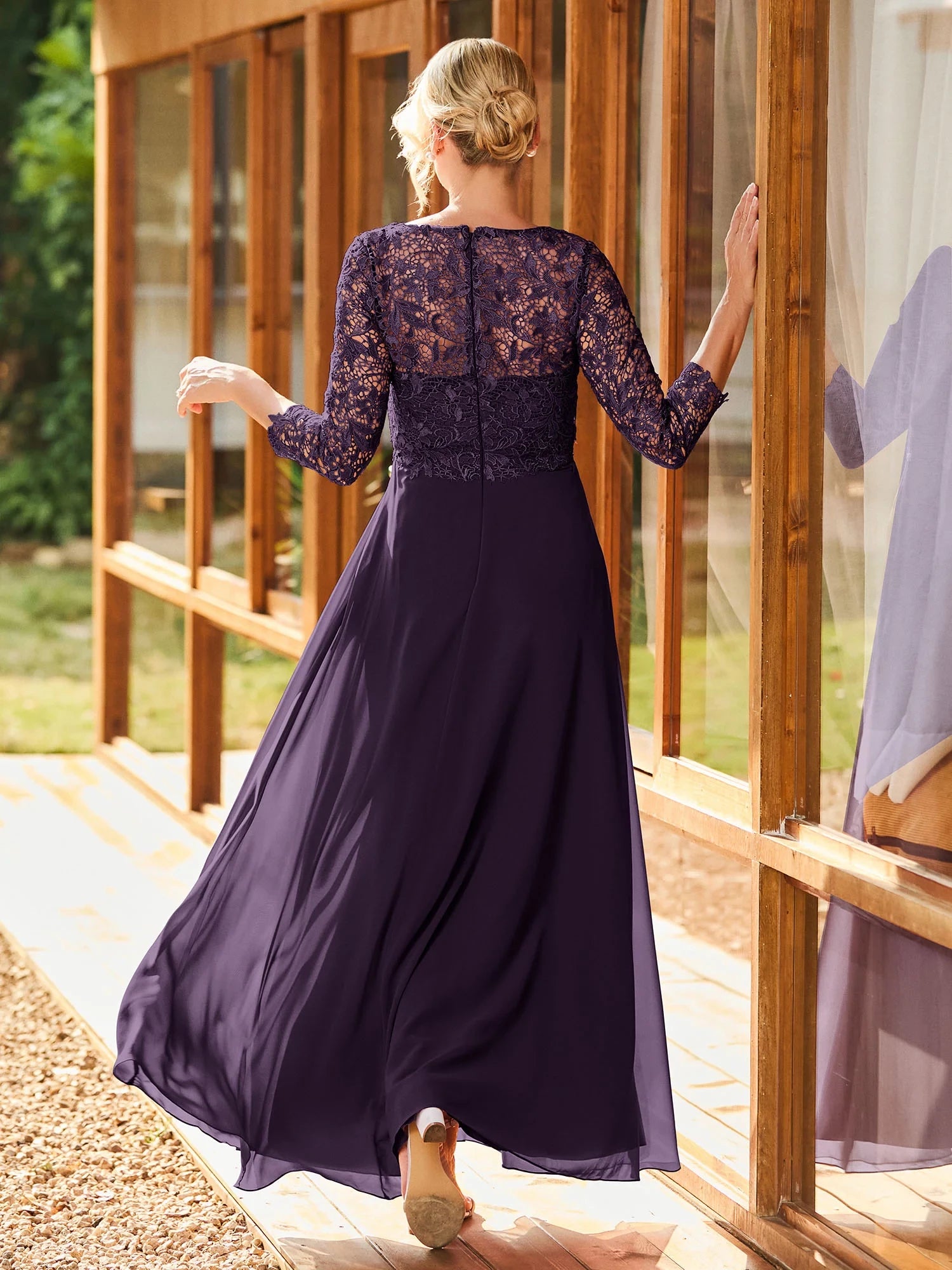 Long Sleeves Lace Top A-line Pleated Dress Mother of the Bride Dresses