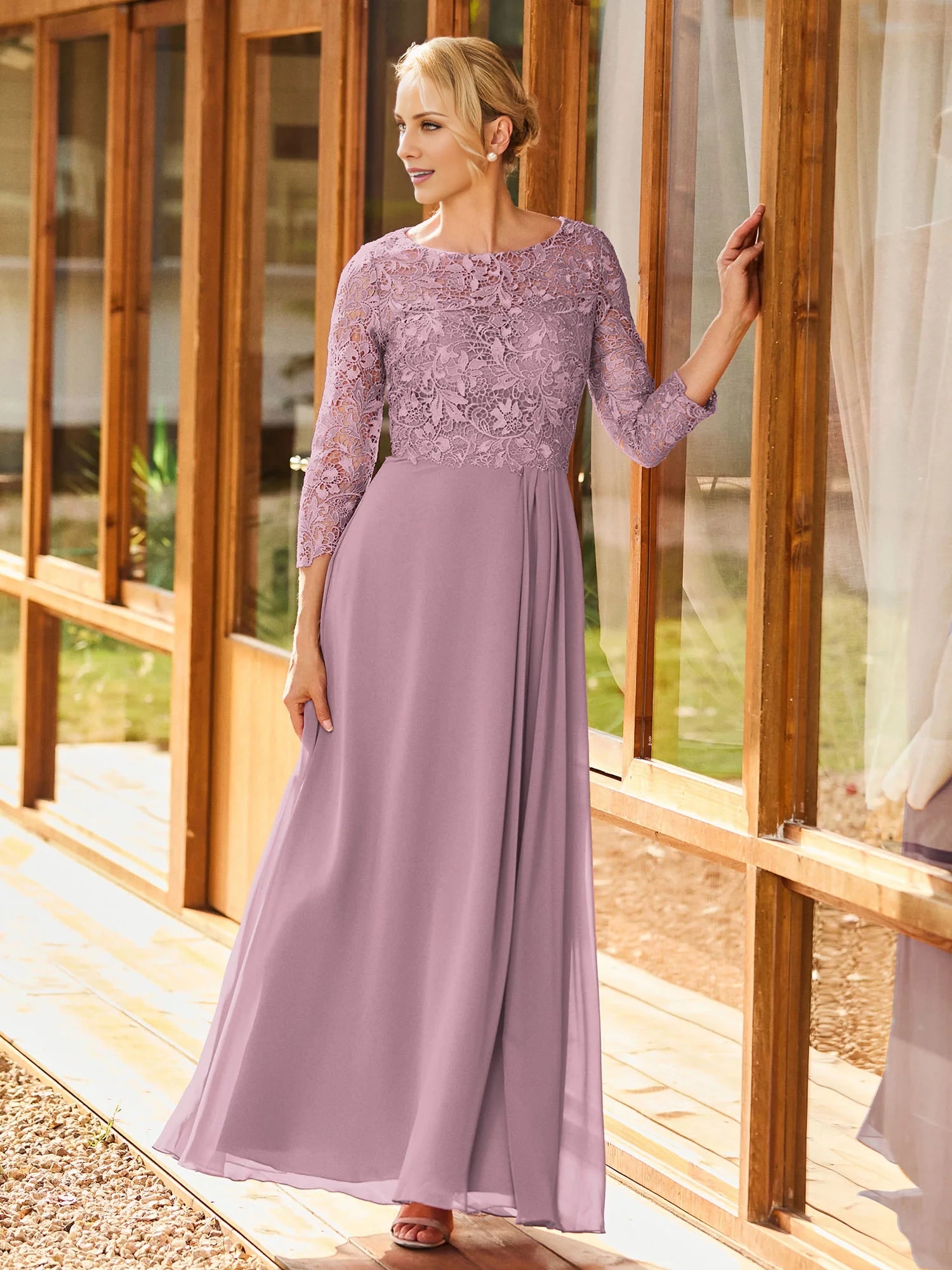 Long Sleeves Lace Top A-line Pleated Dress Mother of the Bride Dresses