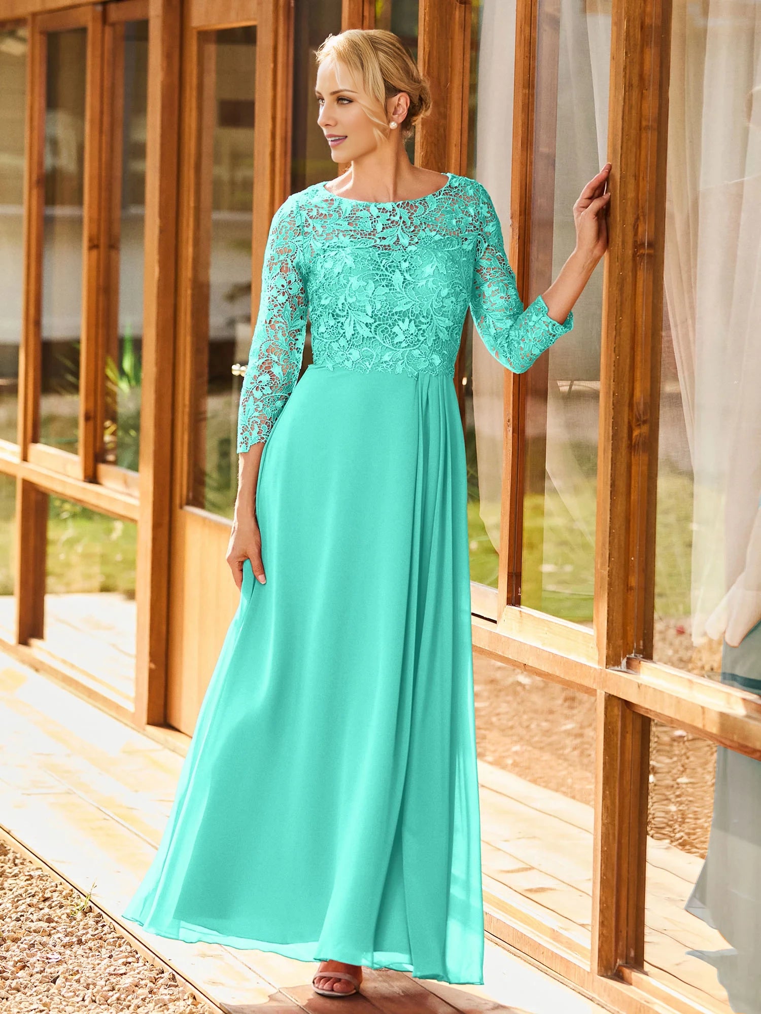 Long Sleeves Lace Top A-line Pleated Dress Mother of the Bride Dresses