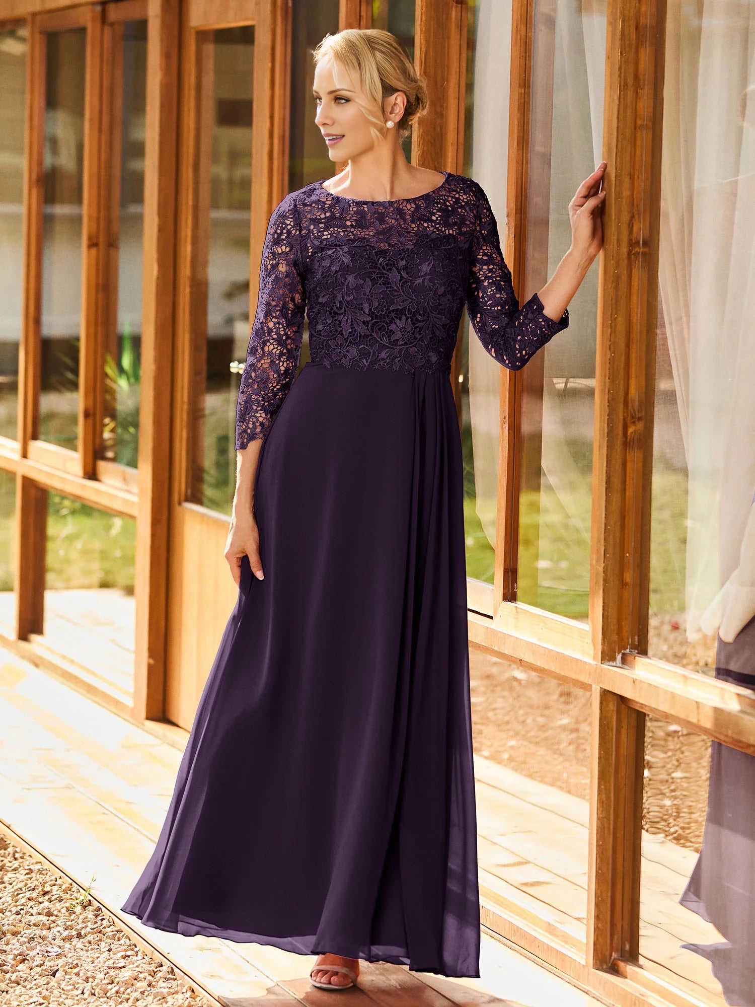 Long Sleeves Lace Top A-line Pleated Dress Mother of the Bride Dresses