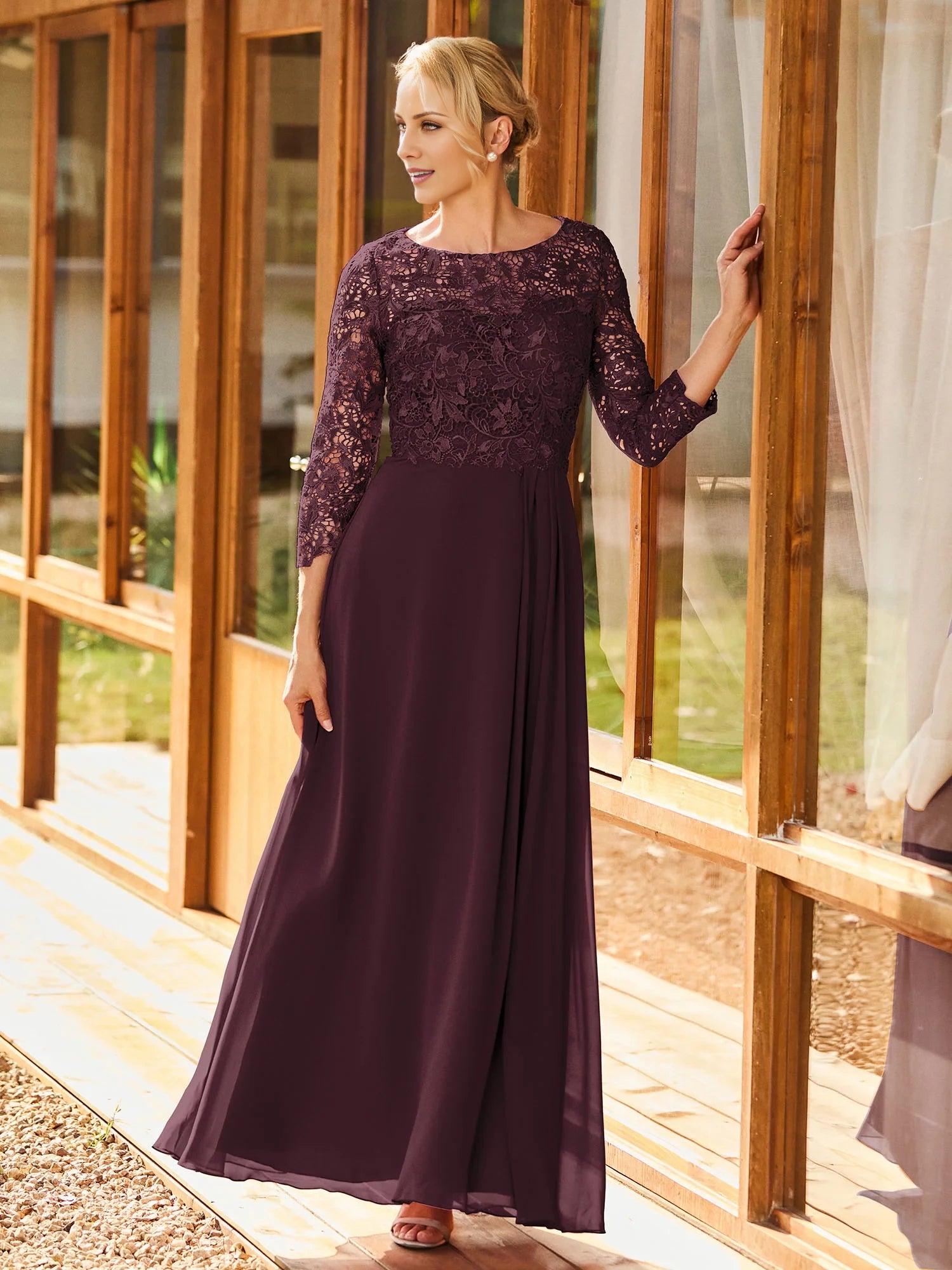 Long Sleeves Lace Top A-line Pleated Dress Mother of the Bride Dresses