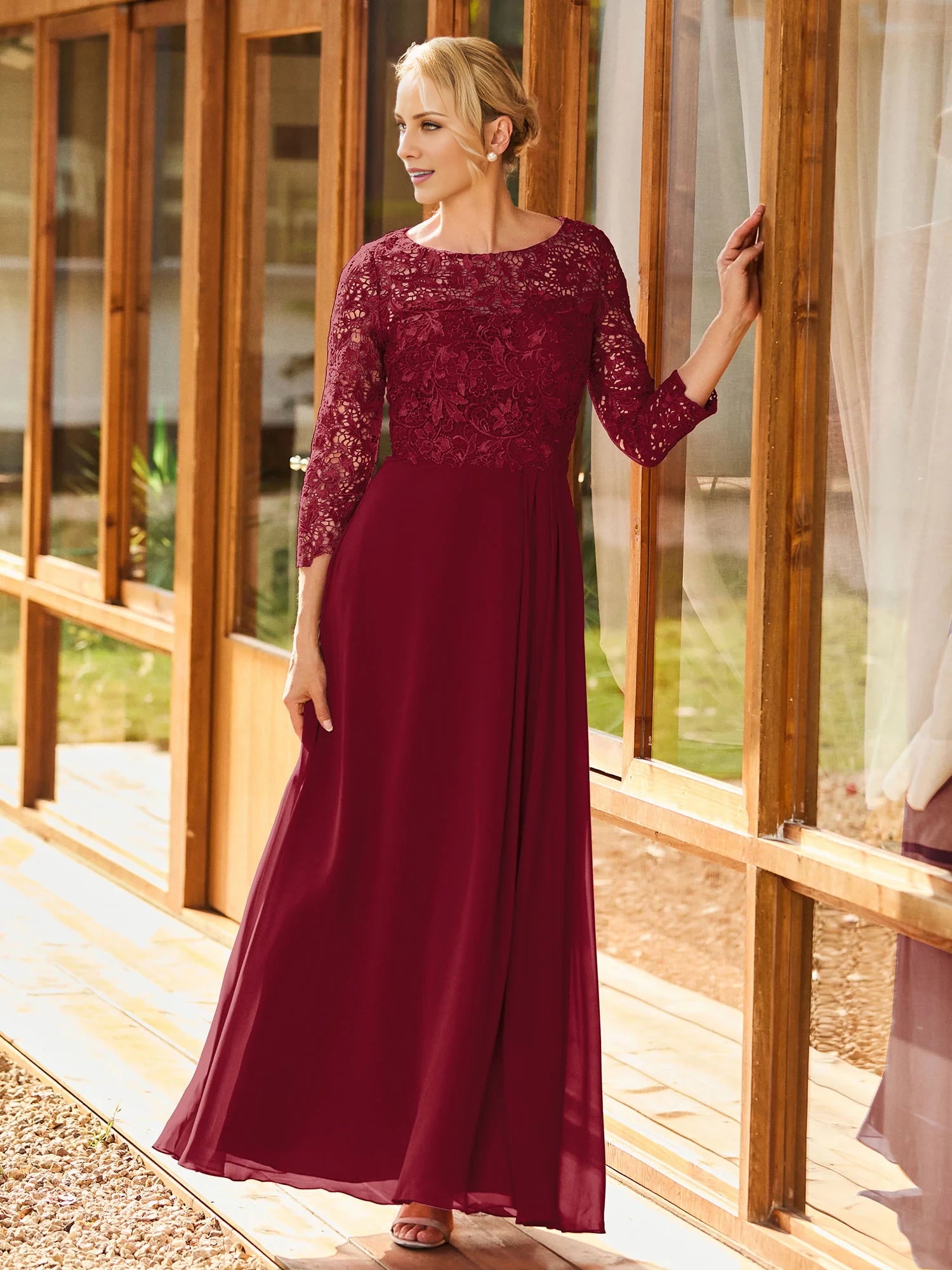 Long Sleeves Lace Top A-line Pleated Dress Mother of the Bride Dresses