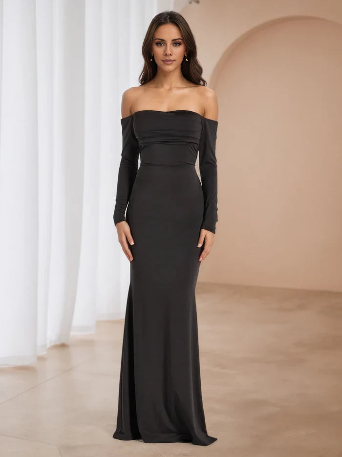 Long Sleeves Off The Shoulder Sweep Brush Train Black Prom Dresses