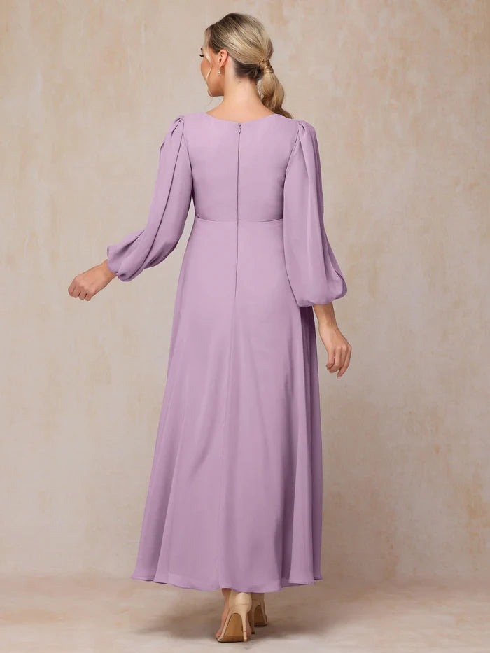 Long Sleeves V Neck Ankle Length Chiffon Mother Of The Bride Dress