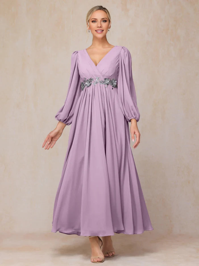 Long Sleeves V Neck Ankle Length Chiffon Mother Of The Bride Dress