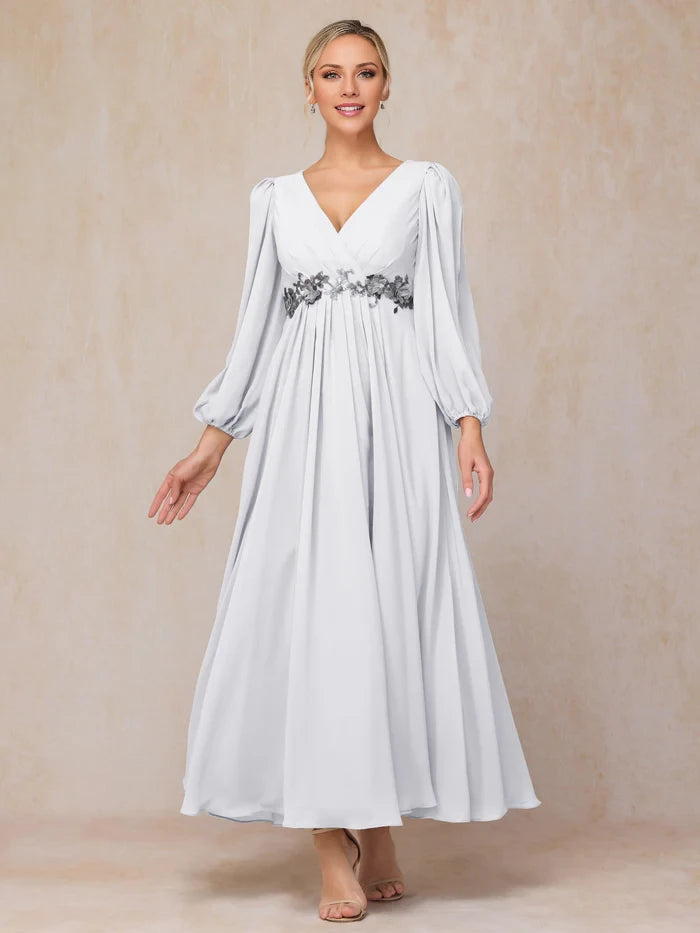 Long Sleeves V Neck Ankle Length Chiffon Mother Of The Bride Dress