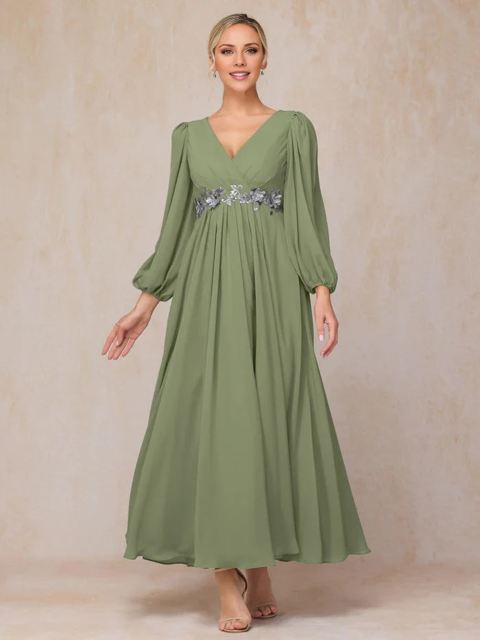 Long Sleeves V Neck Ankle Length Chiffon Mother Of The Bride Dress