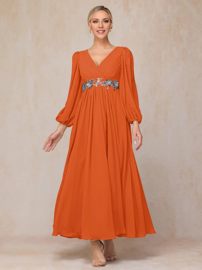 Long Sleeves V Neck Ankle Length Chiffon Mother Of The Bride Dress
