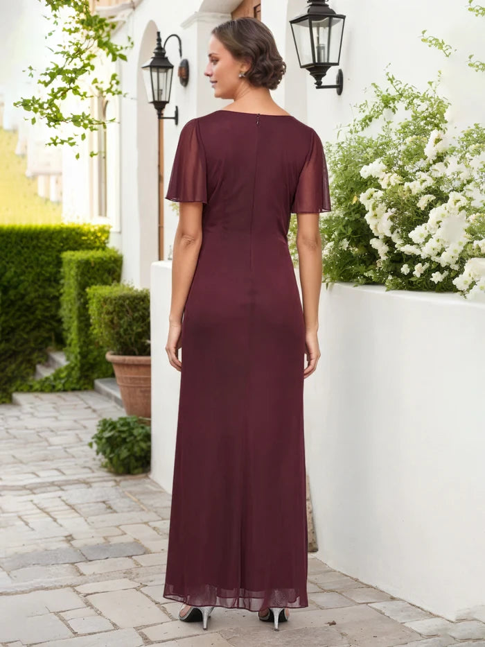 Long V-Neck Embellished Waist Chiffon Mother of the Bride Dresses