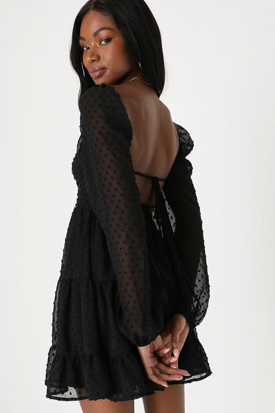 Longing And Love Swiss Dot Puff Long Sleeve Mini Dress Homecoming Dresses