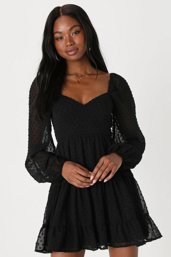 Longing And Love Swiss Dot Puff Long Sleeve Mini Dress Homecoming Dresses