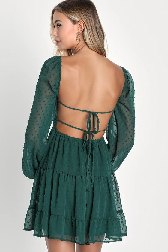 Longing And Love Swiss Dot Puff Long Sleeve Mini Dress Homecoming Dresses