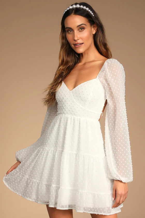 Longing And Love Swiss Dot Puff Long Sleeve Mini Dress Homecoming Dresses