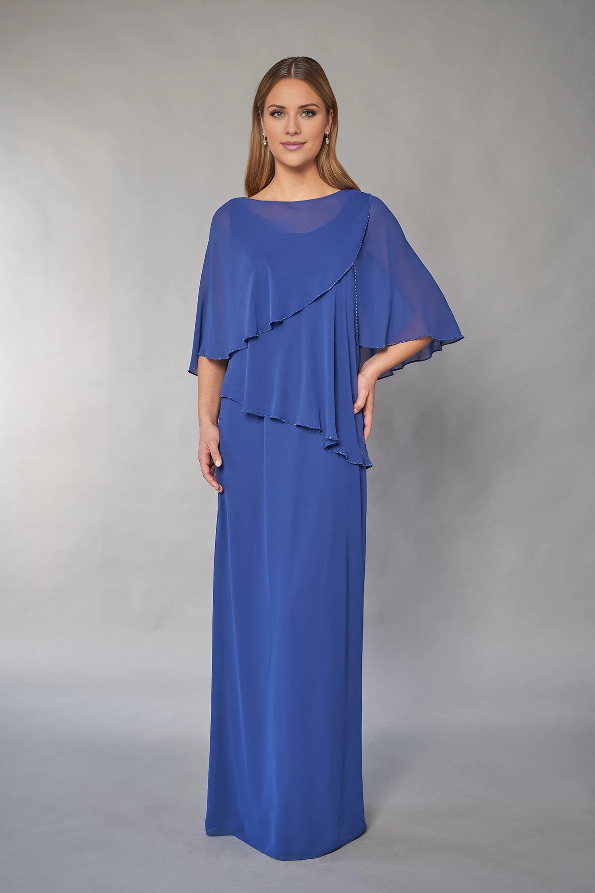 Lovely Chiffon Sheath Gown with Layered Tiered Top and Beaded Trim Mother of the Bride Dresses