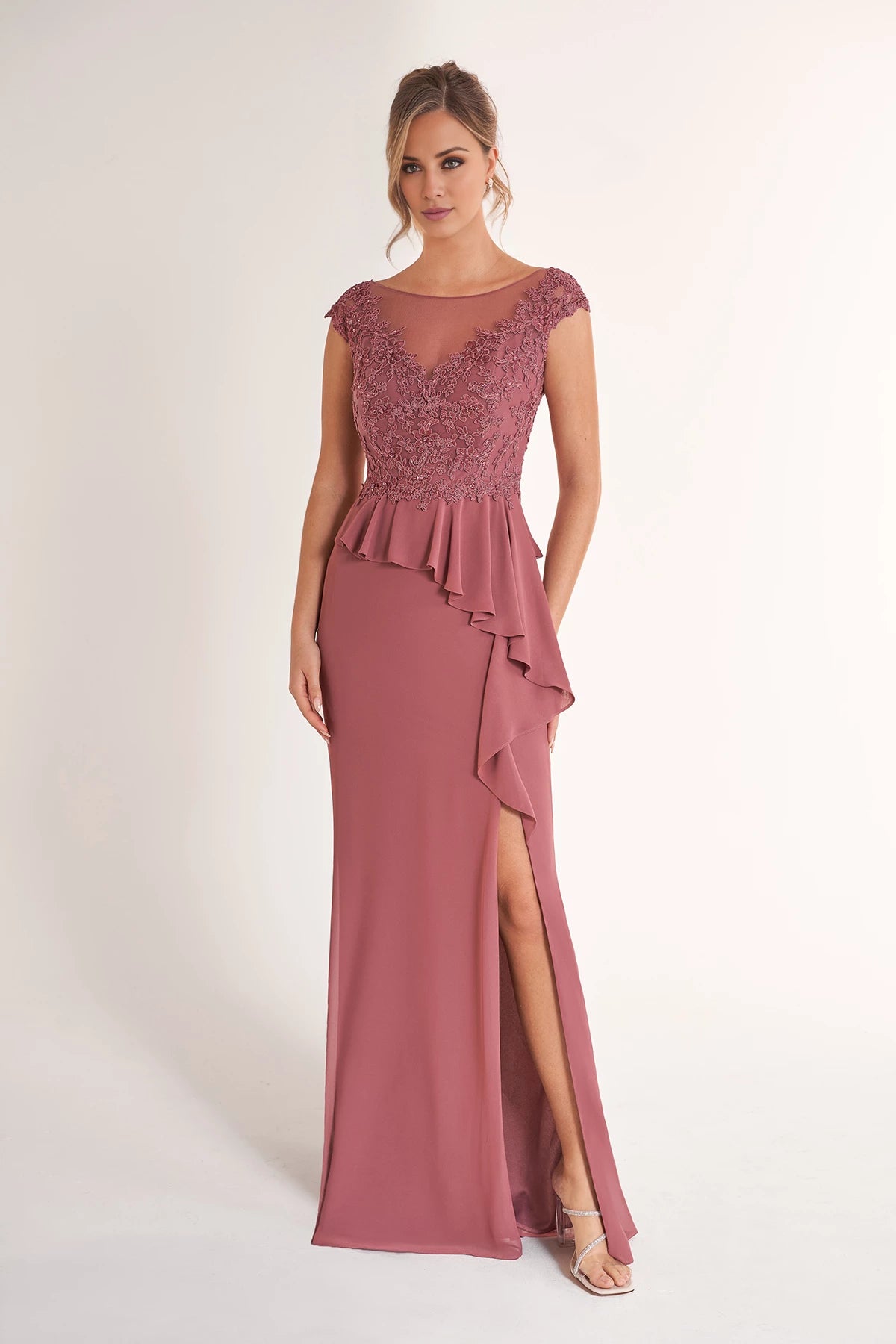 Lovely Embroidery Lace and Chiffon Gown with Boat Neckline and Ruffled Peplum Mother of the Bride Dresses