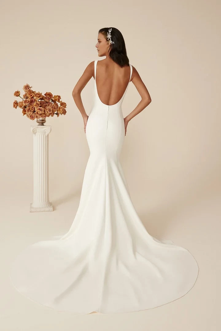 Low Back Backless Crepe Fit and Flare Dress Wedding Dresses