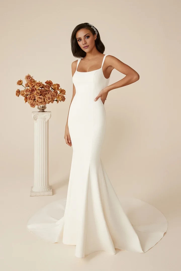 Low Back Backless Crepe Fit and Flare Dress Wedding Dresses