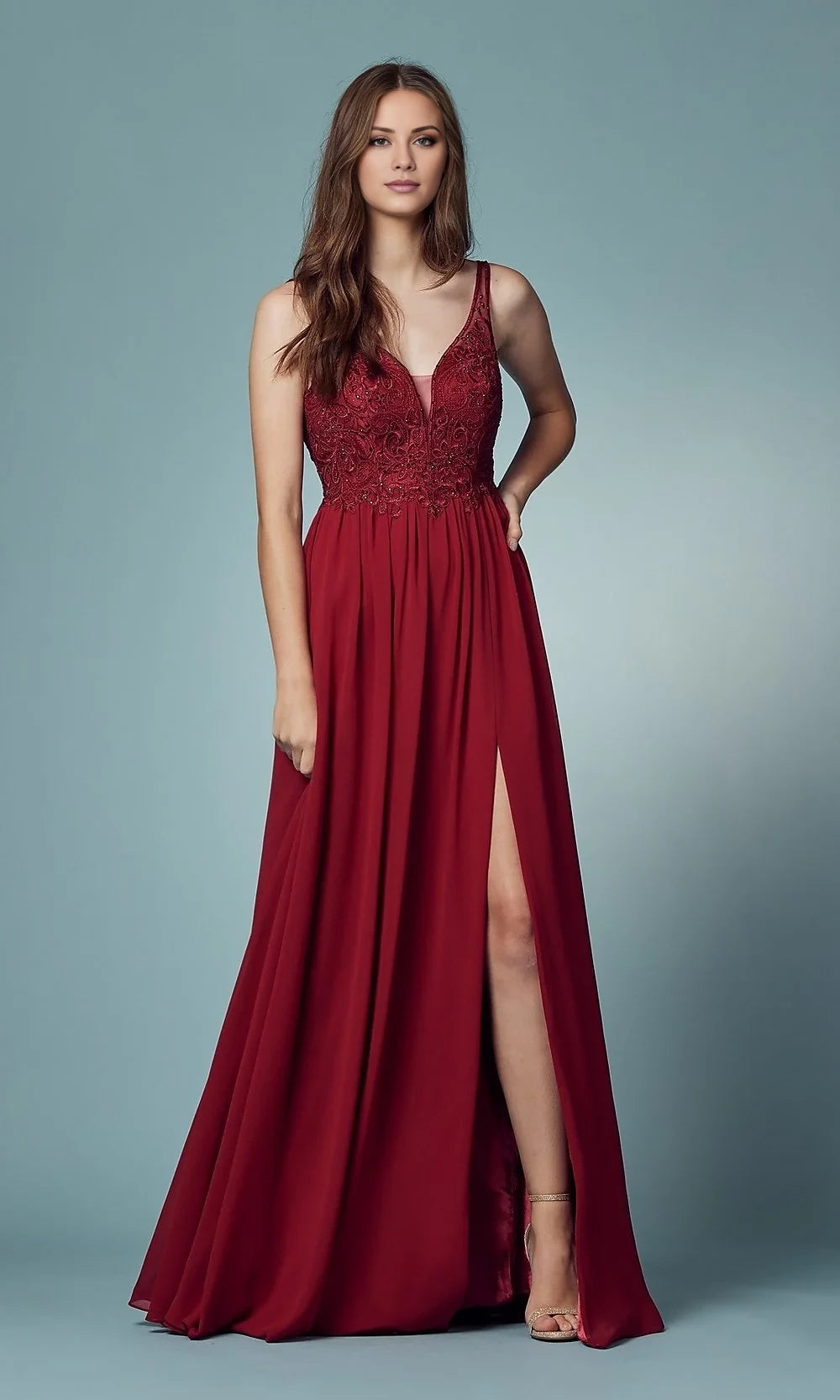 Low V-Neck Long A-Line Prom Dress with Skirt Slit Prom Dresses