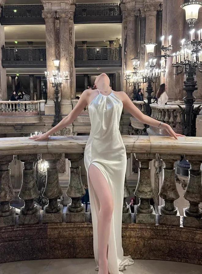 Luminous Halter Thigh-High Slit Champagne Satin Gown